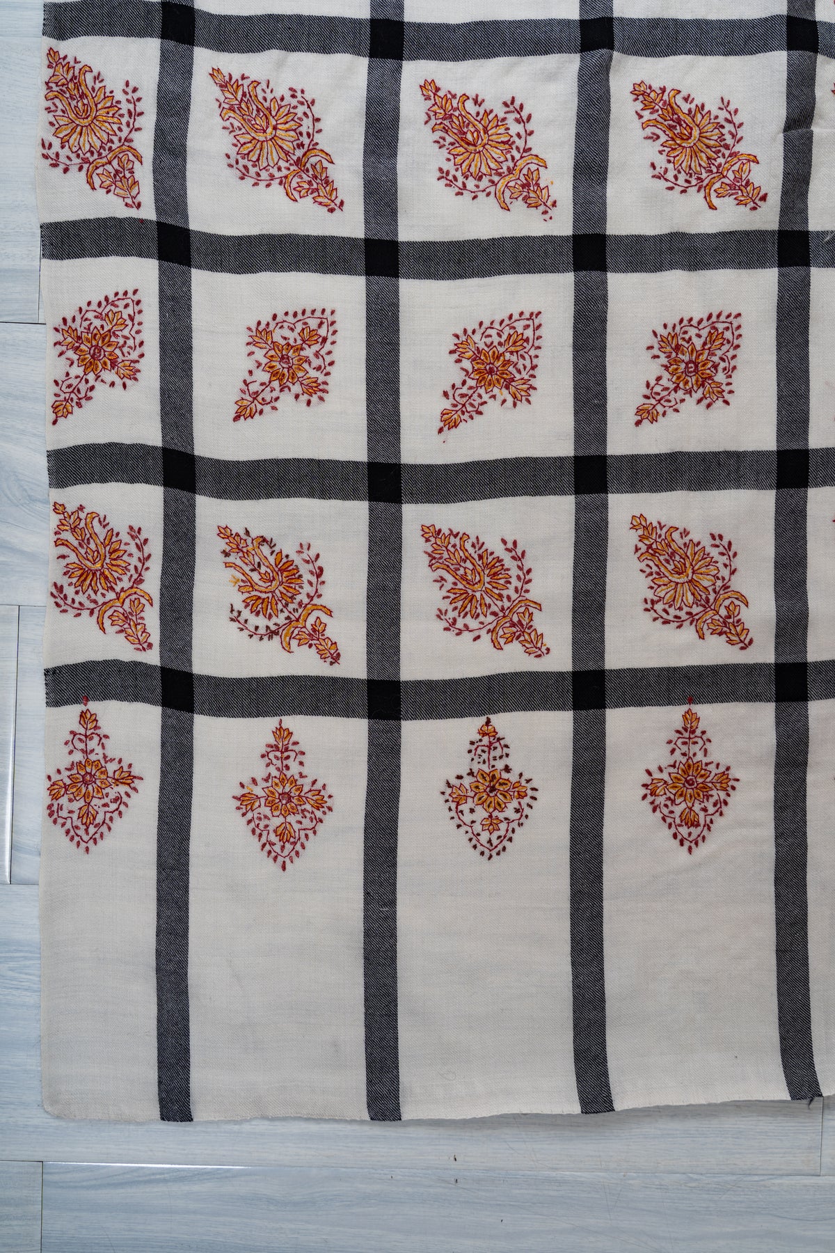 Ivory Grid Merino Wool Shawl with Amber Sozni Hand Embroidered Floral Motifs