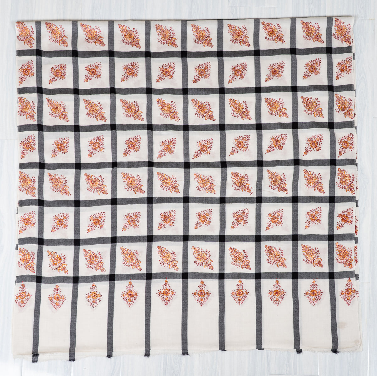 Ivory Grid Merino Wool Shawl with Amber Sozni Hand Embroidered Floral Motifs