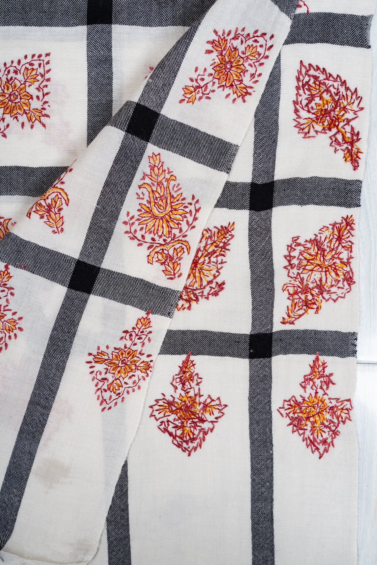 Ivory Grid Merino Wool Shawl with Amber Sozni Hand Embroidered Floral Motifs