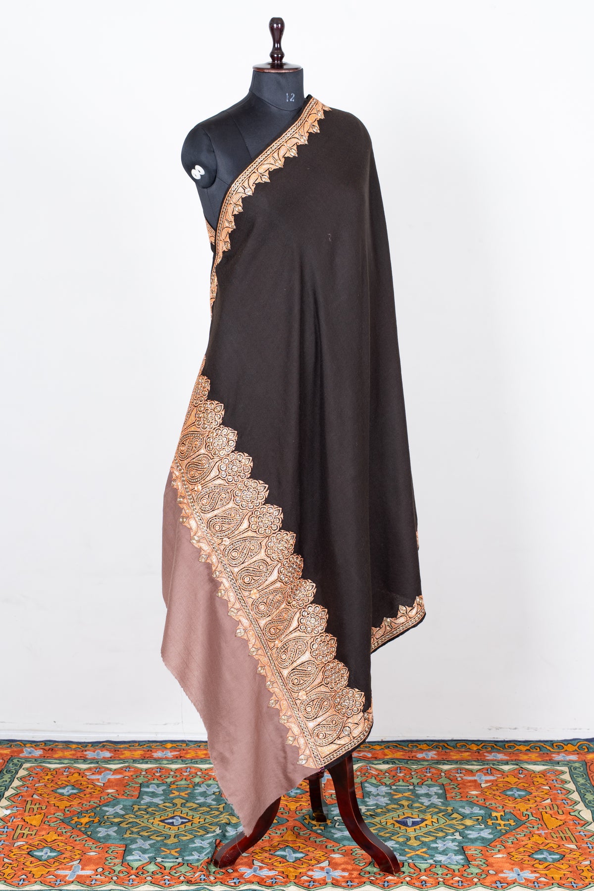 Ebony Opulence Merino Wool Shawl with machine tilla Embroidered Floral Borders