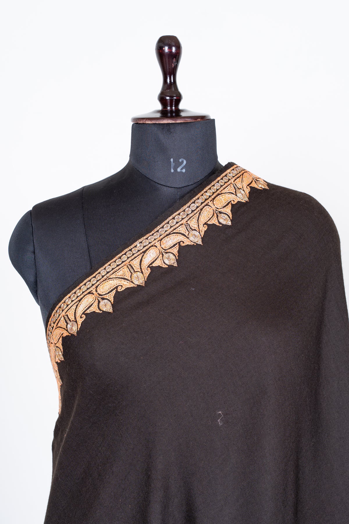 Ebony Opulence Merino Wool Shawl with machine tilla Embroidered Floral Borders