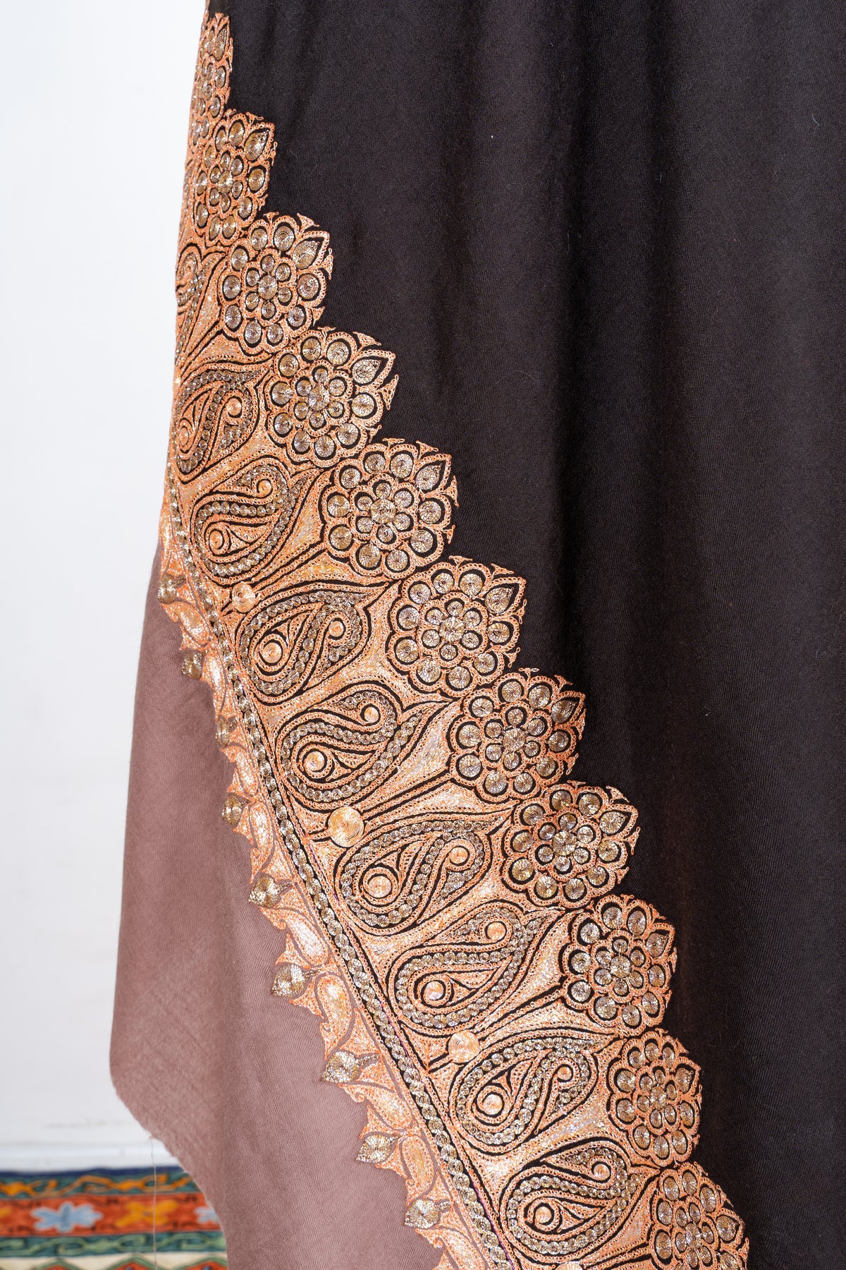 Ebony Opulence Merino Wool Shawl with machine tilla Embroidered Floral Borders