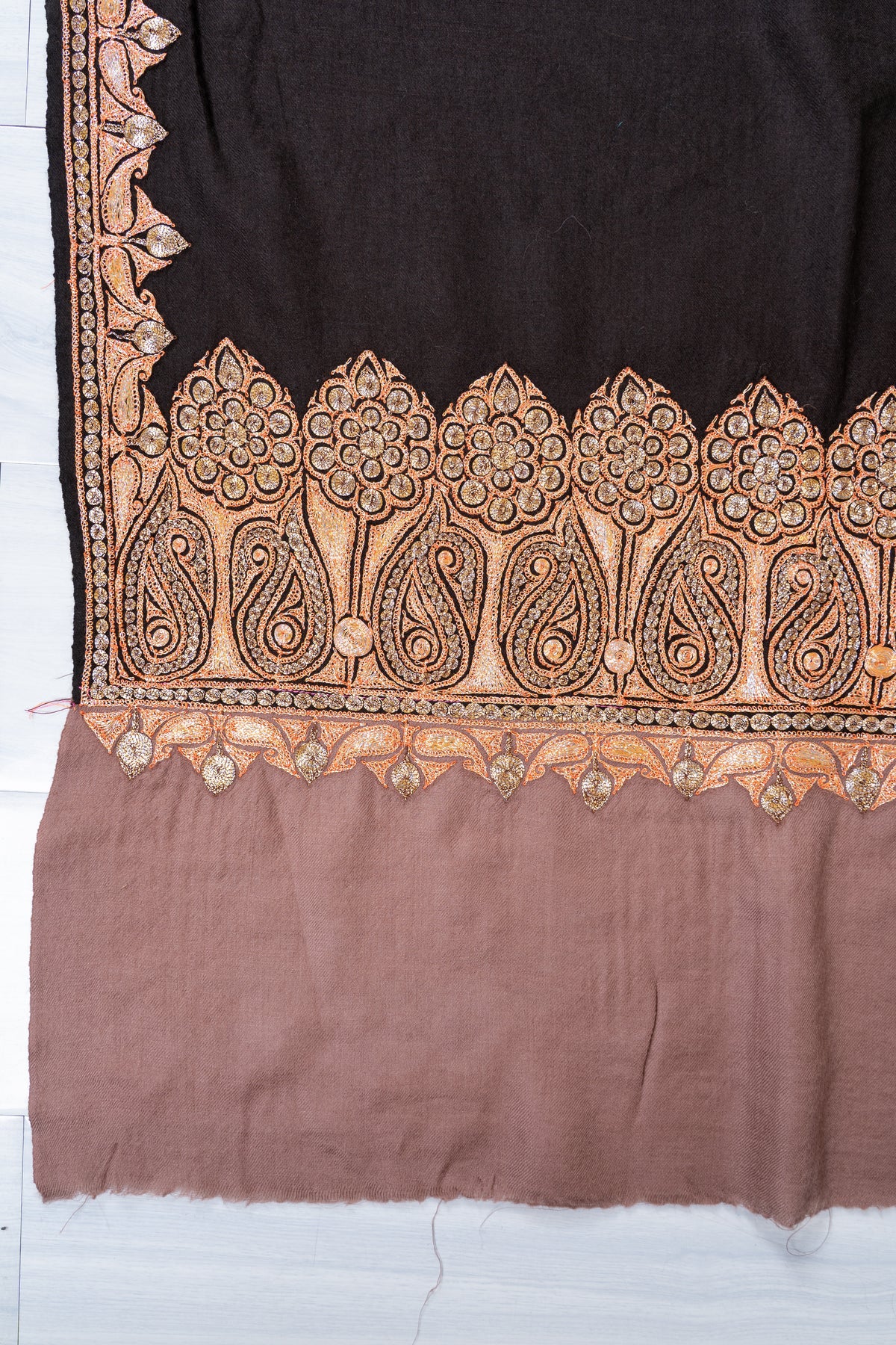 Ebony Opulence Merino Wool Shawl with machine tilla Embroidered Floral Borders
