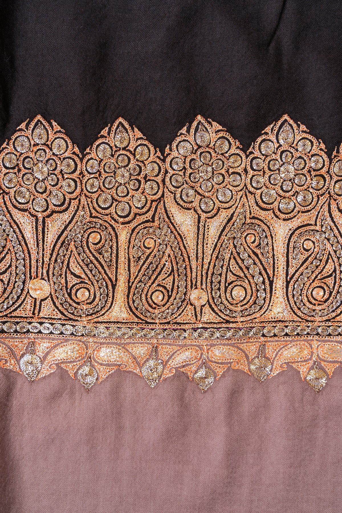Ebony Opulence Merino Wool Shawl with machine tilla Embroidered Floral Borders