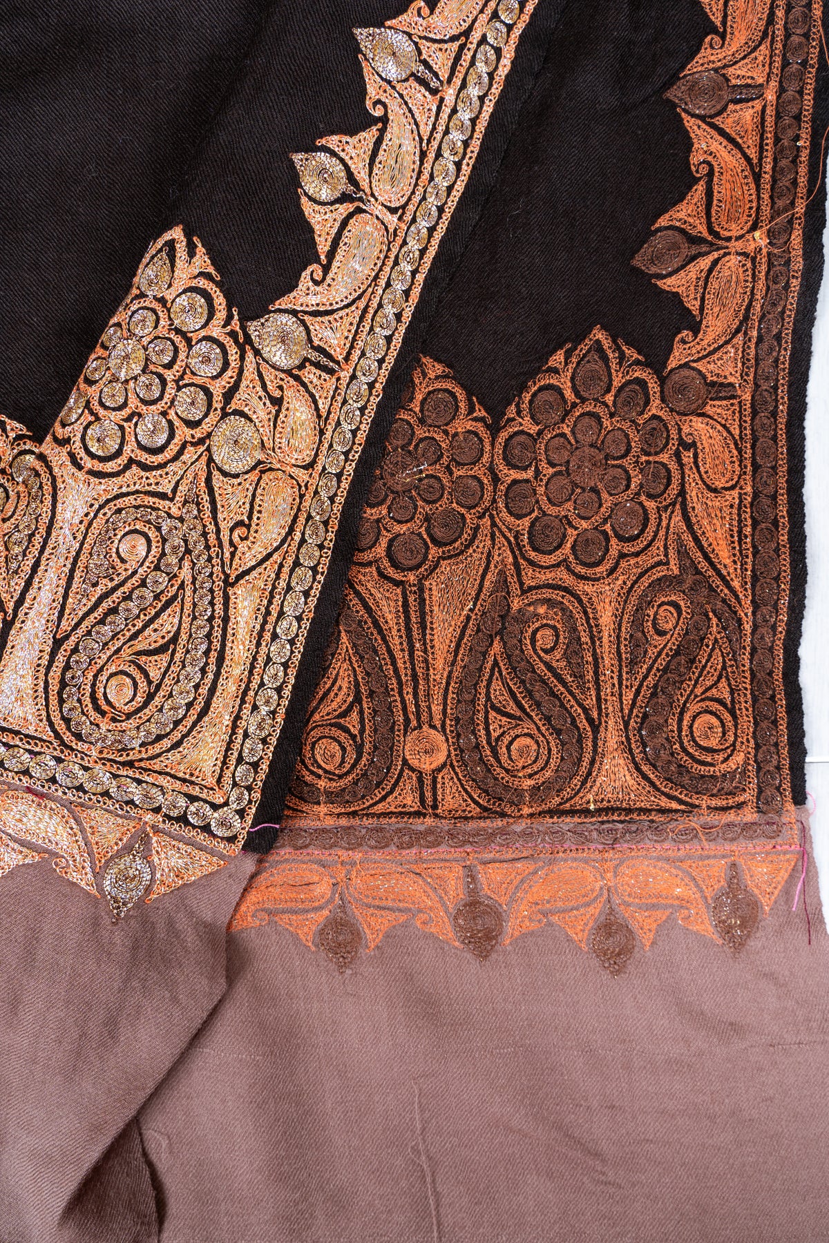 Ebony Opulence Merino Wool Shawl with machine tilla Embroidered Floral Borders