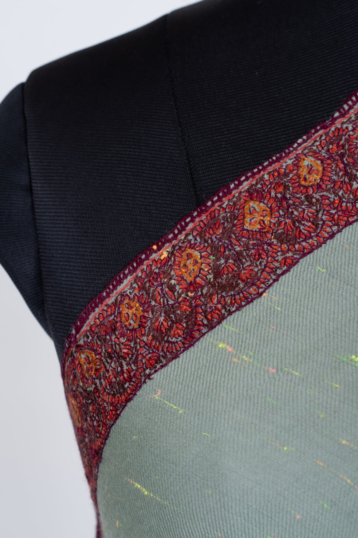 Celestial Mint Merino Wool Shawl with Sozni Hand Embroidered Vintage Floral Borders