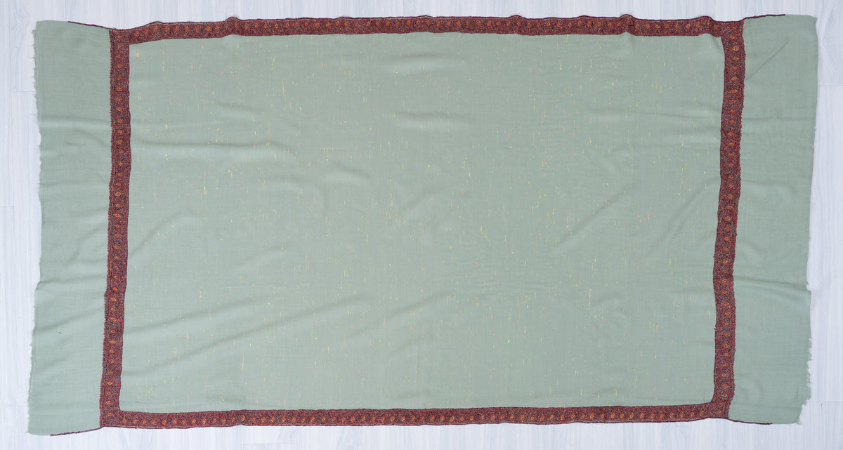 Celestial Mint Merino Wool Shawl with Sozni Hand Embroidered Vintage Floral Borders