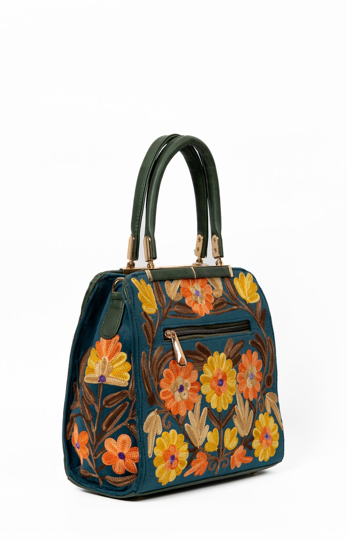 Back of a dark green embroidered handbag with orange and yellow Aari flowers and a horizontal zip pocket