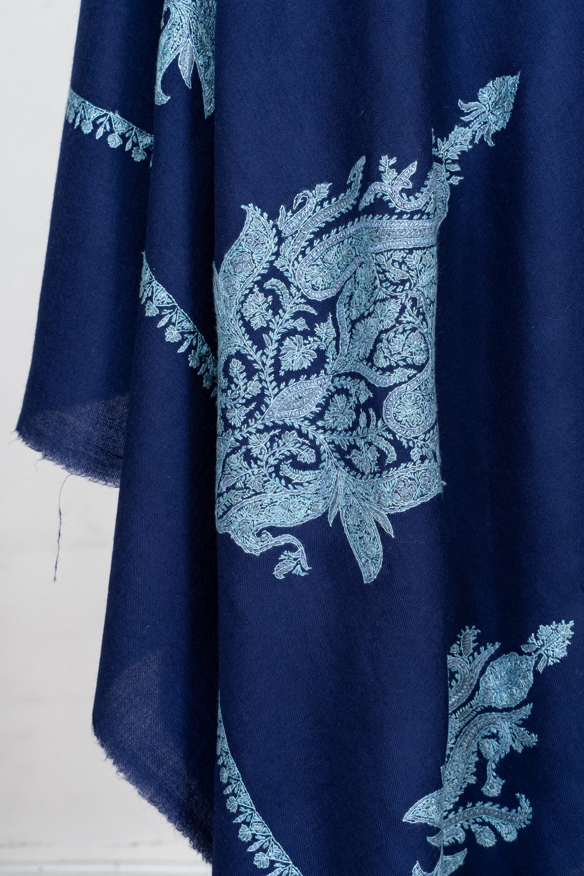 Royal Cobalt Merino Wool Shawl with Frost Blue Sozni Hand Embroidered Floral Accents