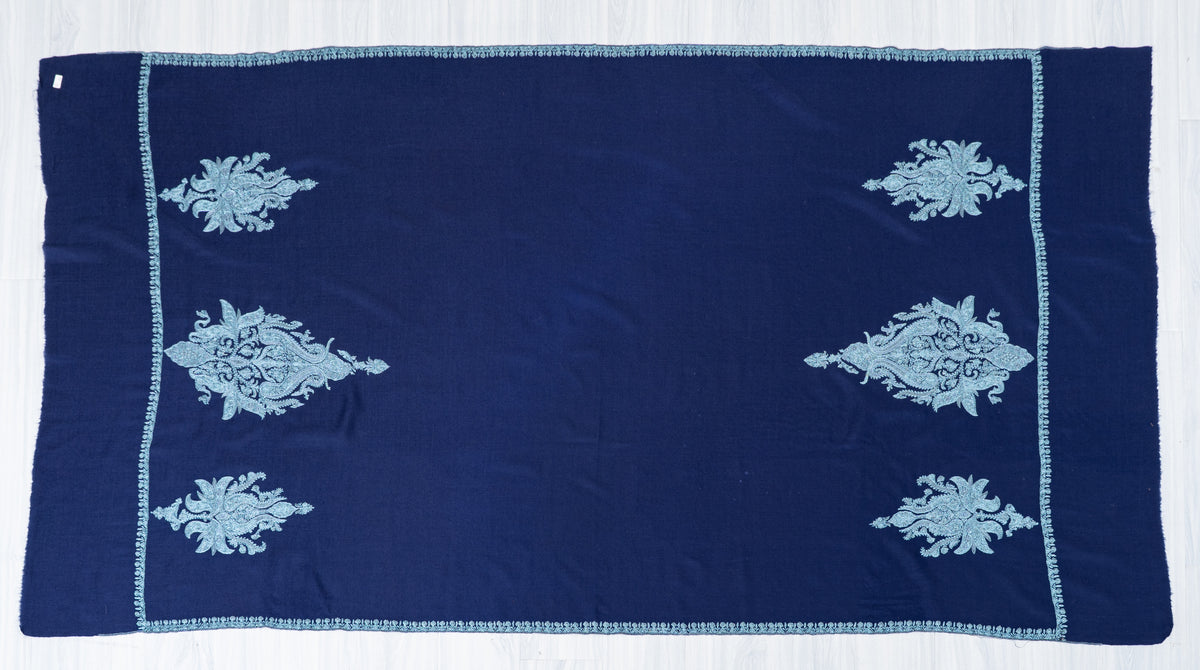 Royal Cobalt Merino Wool Shawl with Frost Blue Sozni Hand Embroidered Floral Accents