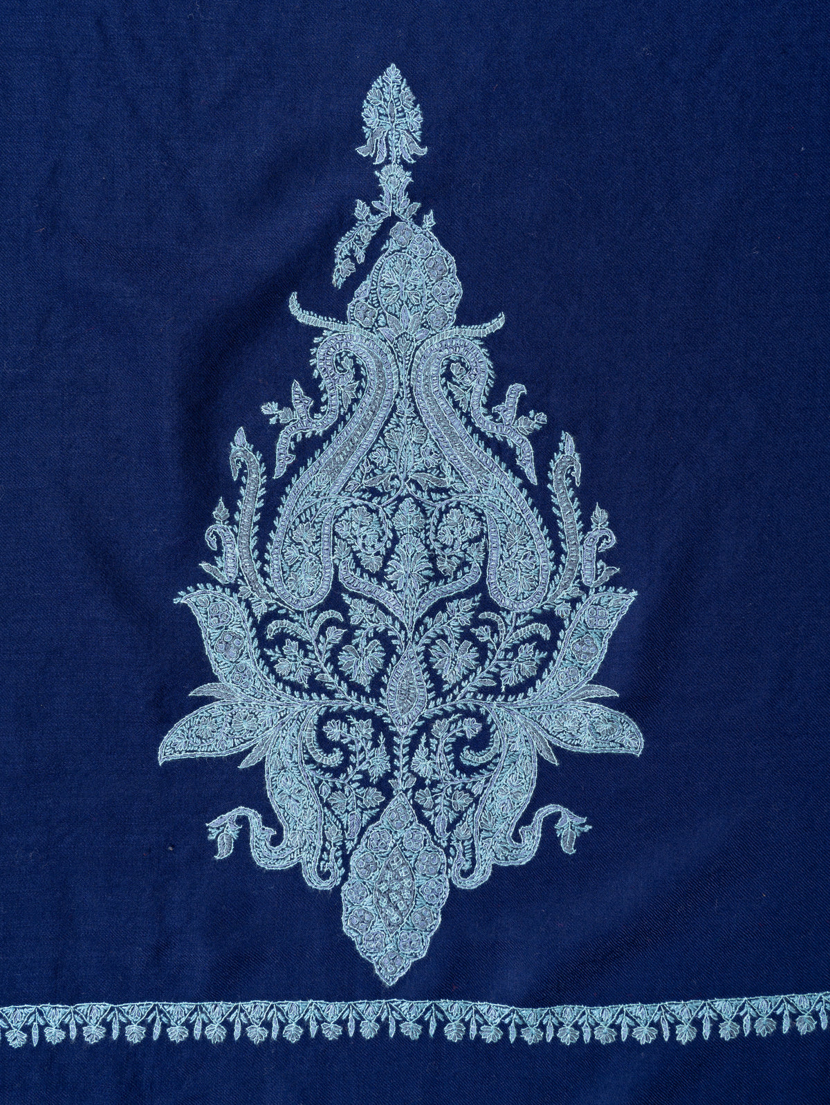 Royal Cobalt Merino Wool Shawl with Frost Blue Sozni Hand Embroidered Floral Accents