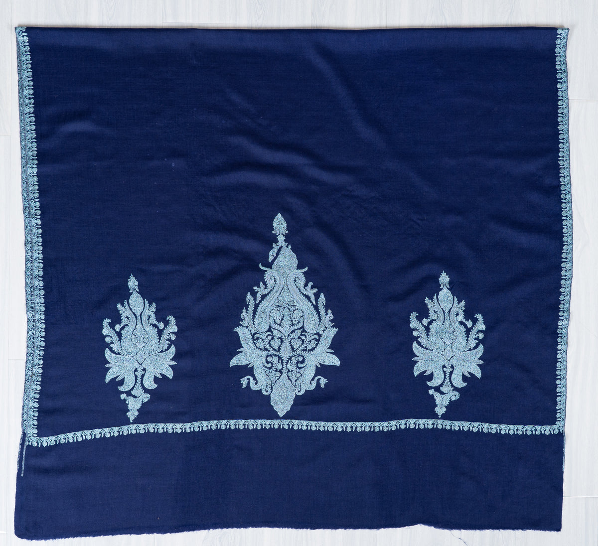 Royal Cobalt Merino Wool Shawl with Frost Blue Sozni Hand Embroidered Floral Accents
