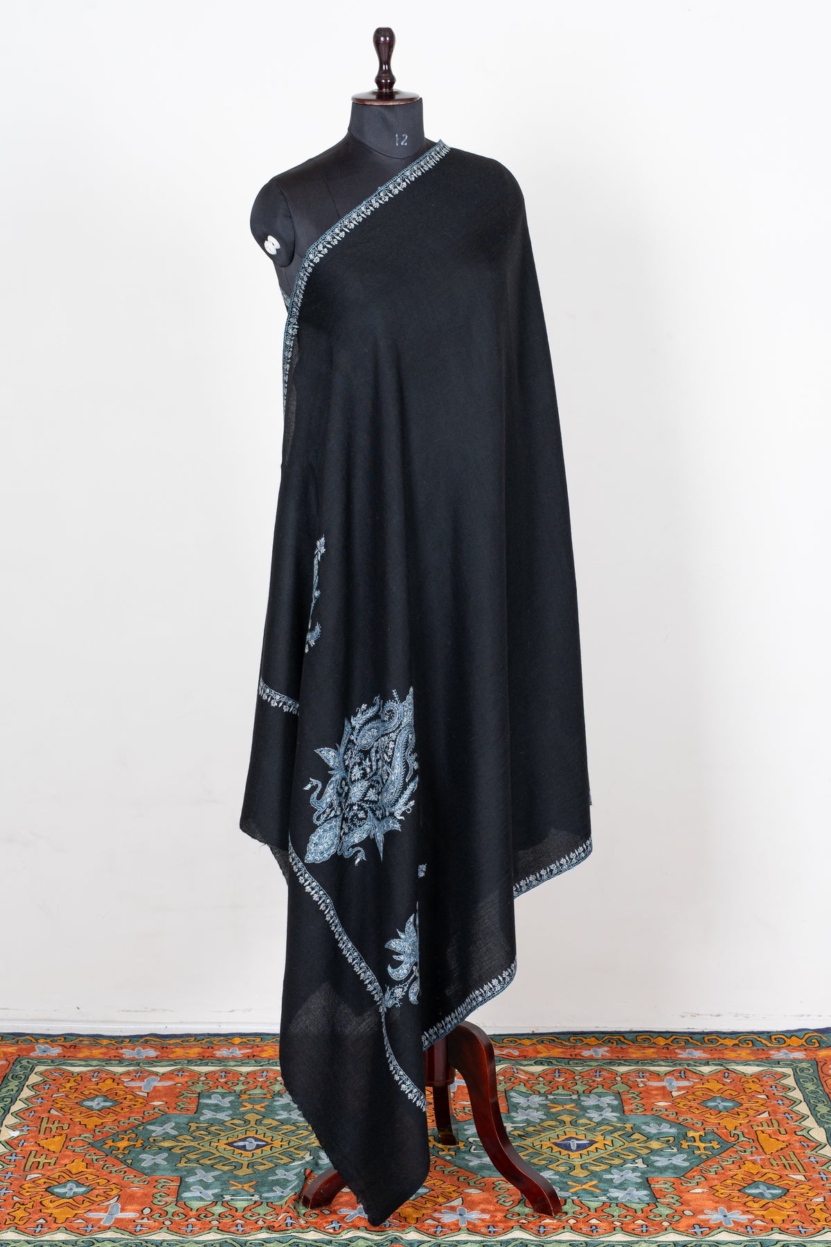 Moonlit Noir Merino Wool Shawl with Ice Blue Sozni Hand Embroidered Botanical Motifs
