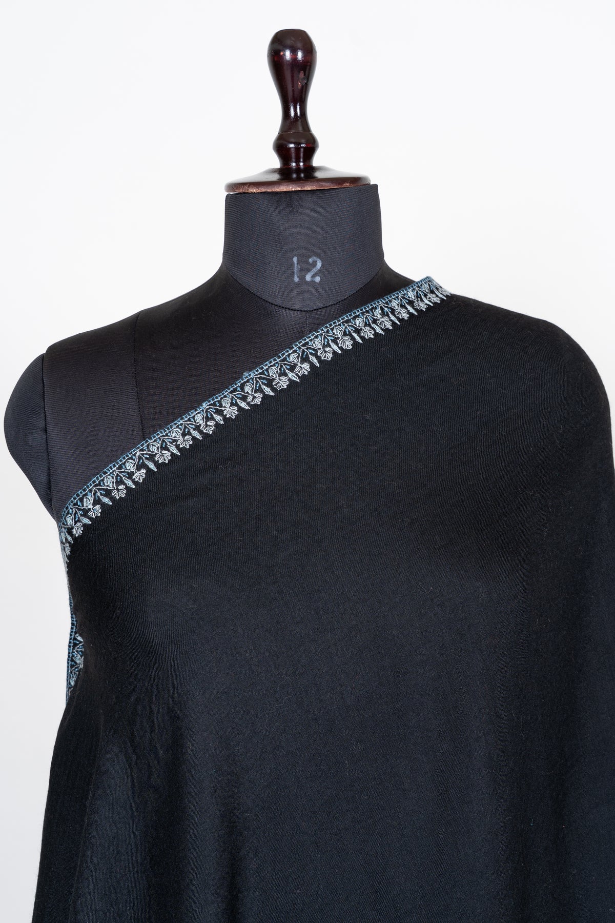 Moonlit Noir Merino Wool Shawl with Ice Blue Sozni Hand Embroidered Botanical Motifs