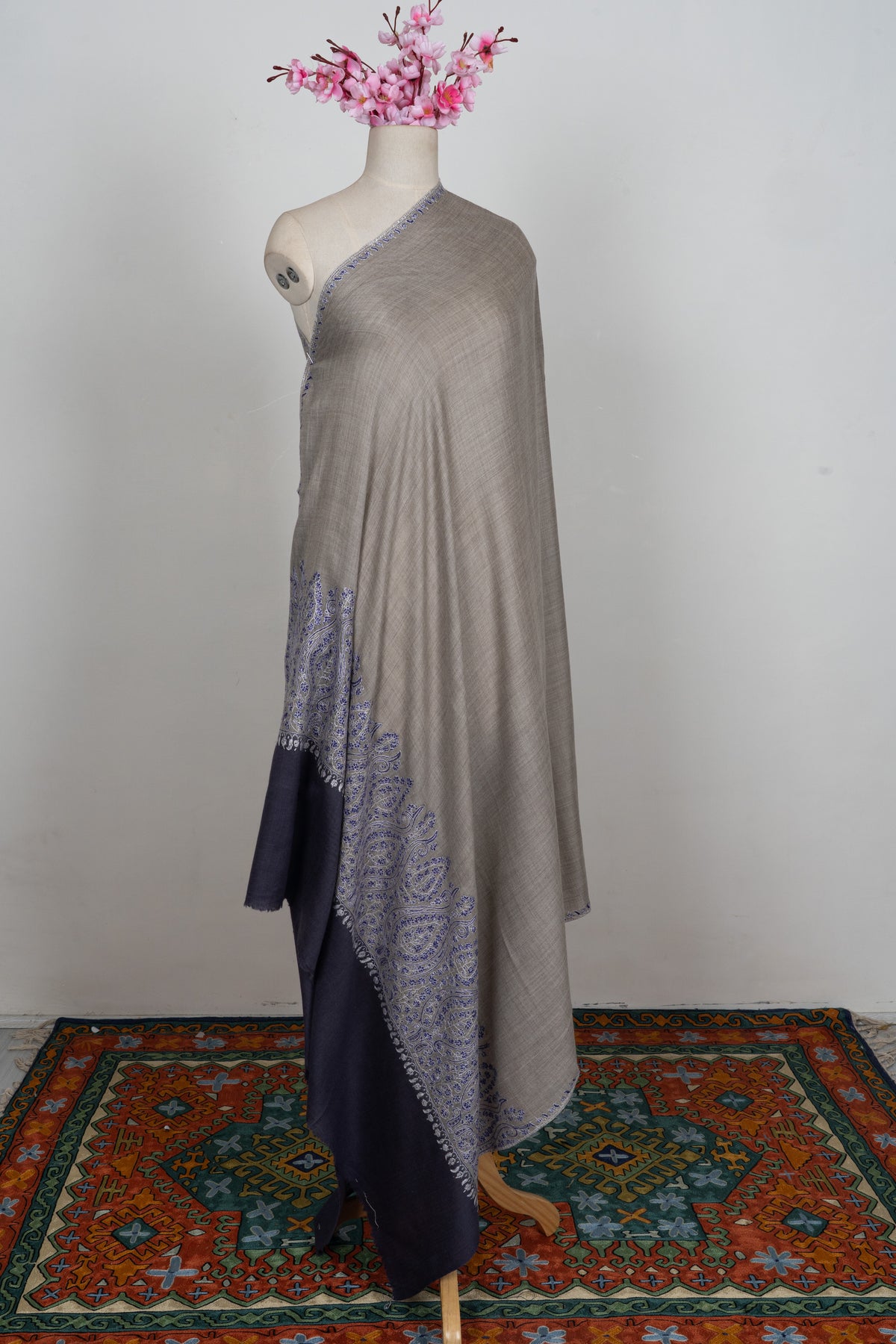 Sapphire Border Classic: Merino wool 2.5 Yards Sozni Hand Embroidered Shawl