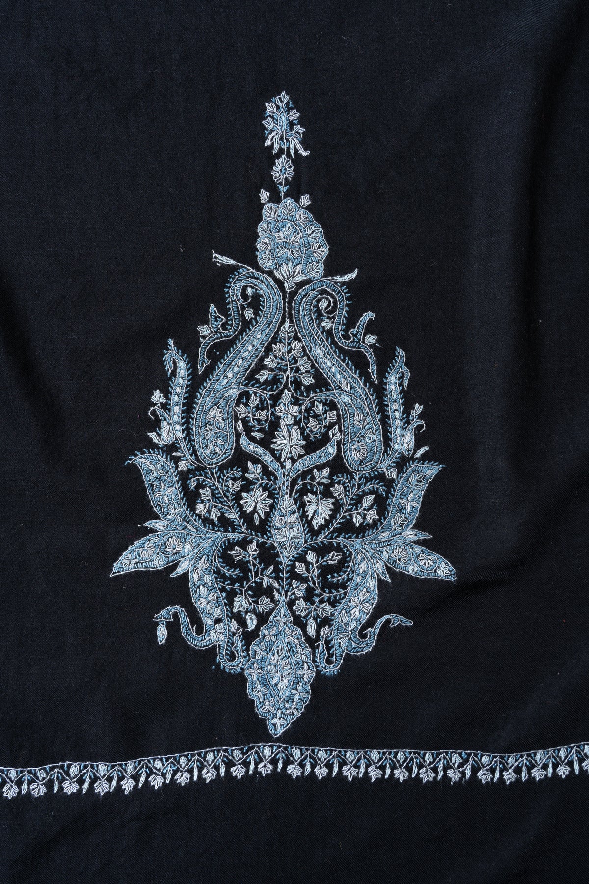 Moonlit Noir Merino Wool Shawl with Ice Blue Sozni Hand Embroidered Botanical Motifs