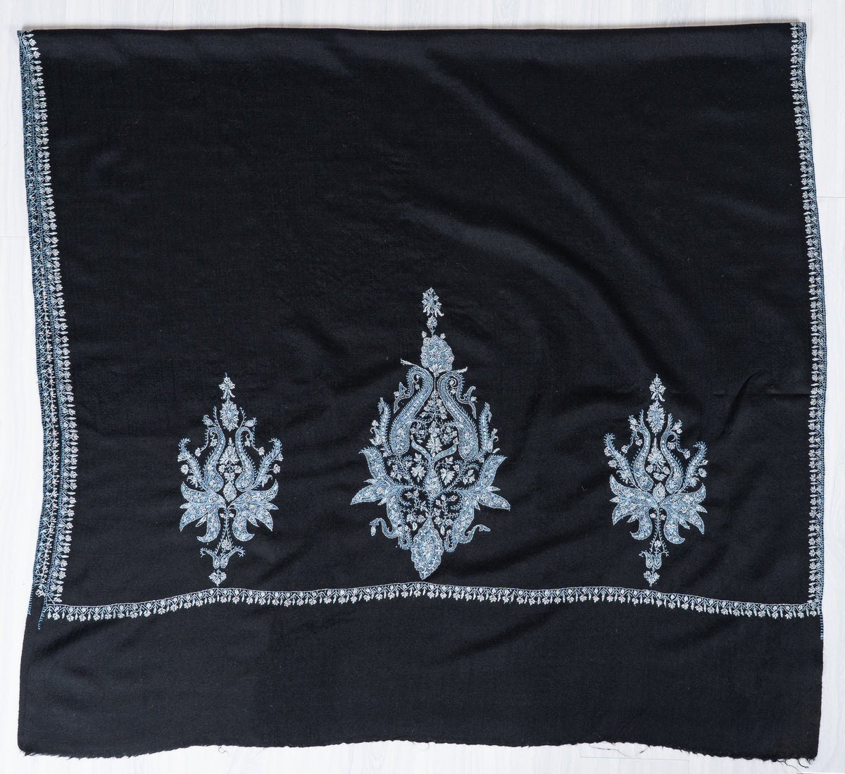 Moonlit Noir Merino Wool Shawl with Ice Blue Sozni Hand Embroidered Botanical Motifs