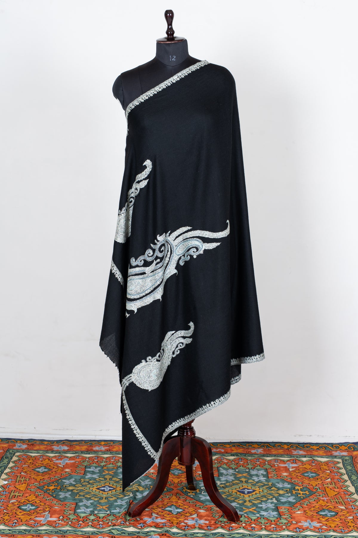 Midnight Silver Merino Wool Shawl with Sozni Hand Embroidered Ornamental Paisleys