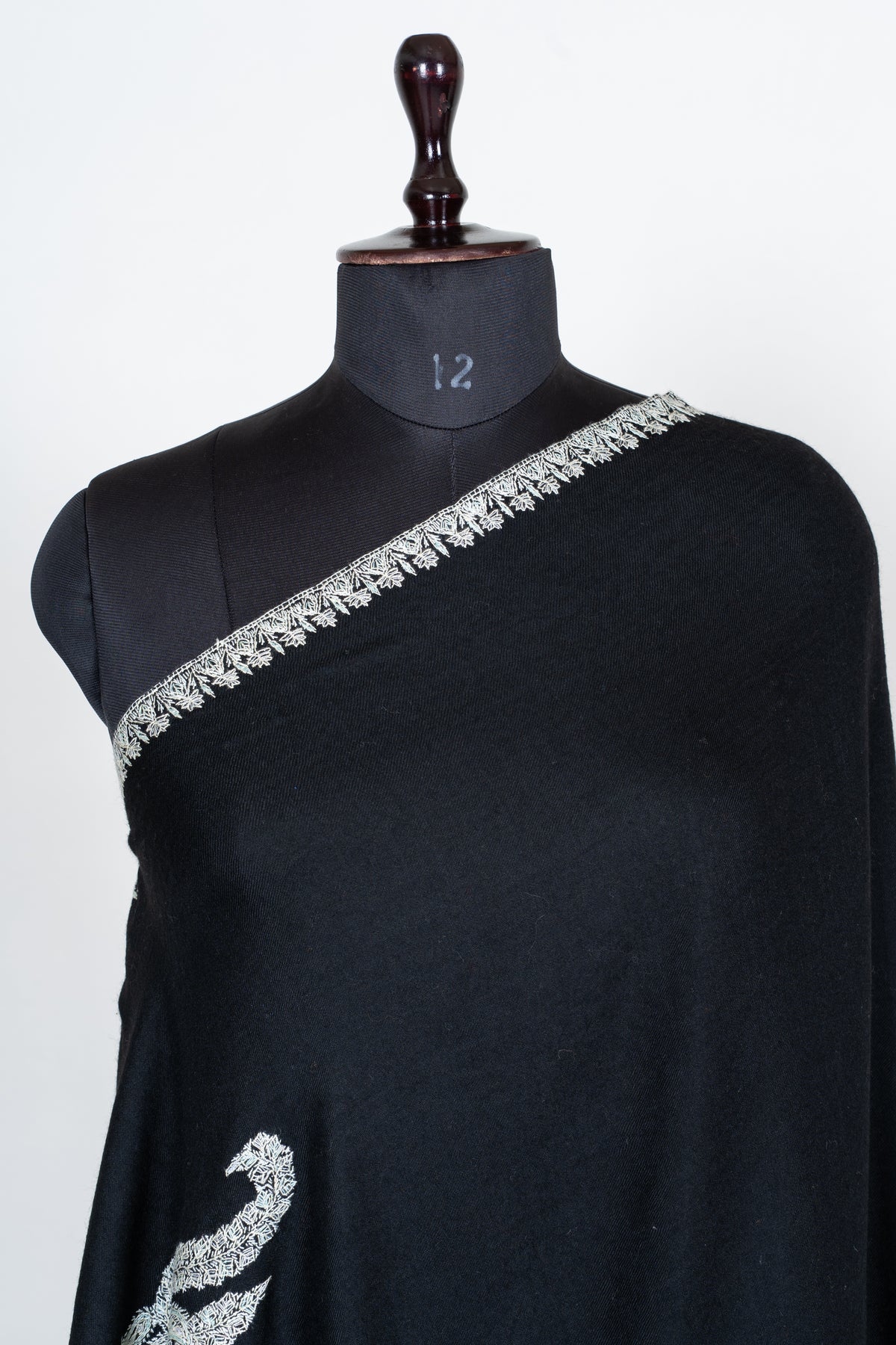 Midnight Silver Merino Wool Shawl with Sozni Hand Embroidered Ornamental Paisleys
