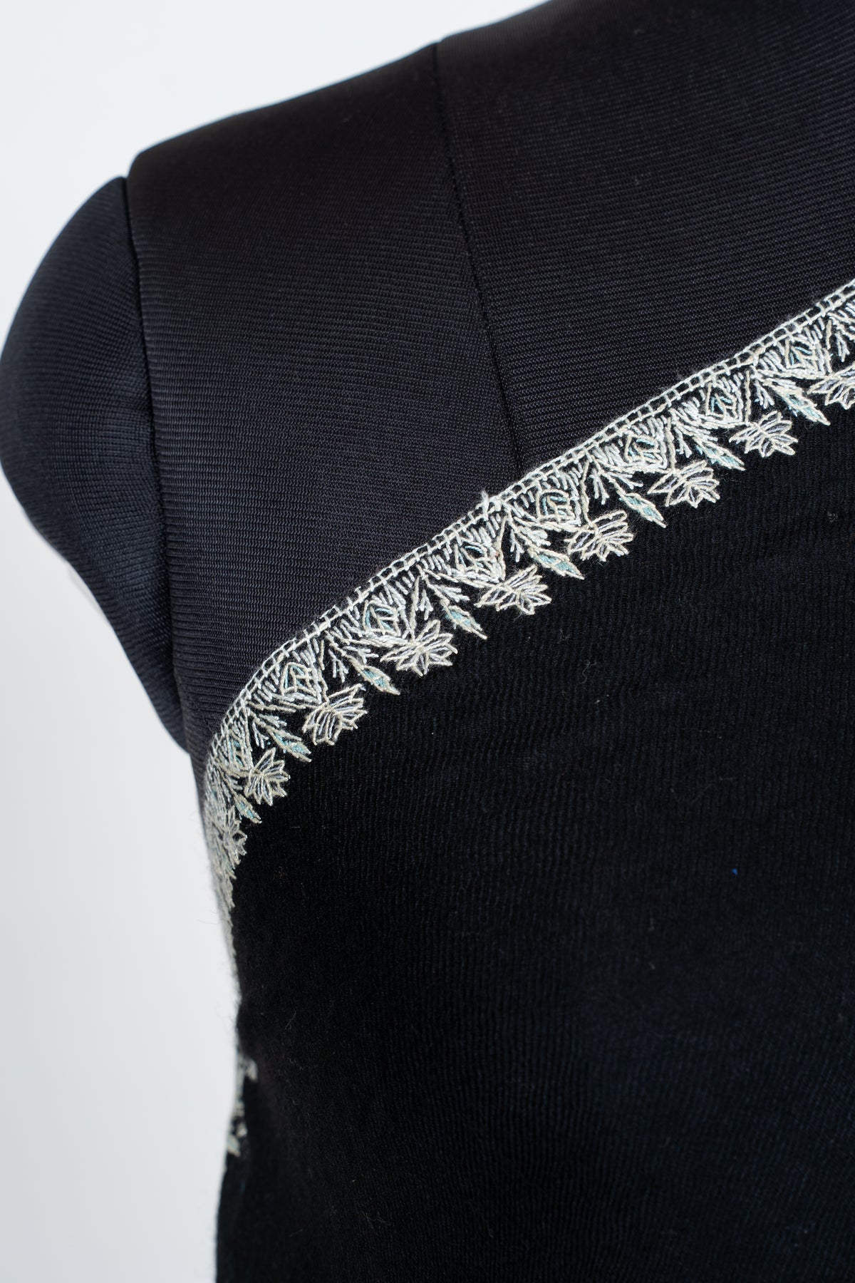 Midnight Silver Merino Wool Shawl with Sozni Hand Embroidered Ornamental Paisleys