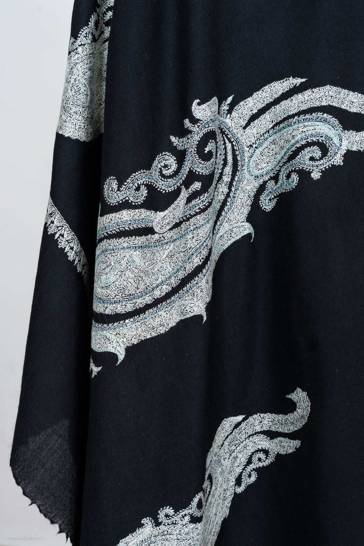 Midnight Silver Merino Wool Shawl with Sozni Hand Embroidered Ornamental Paisleys