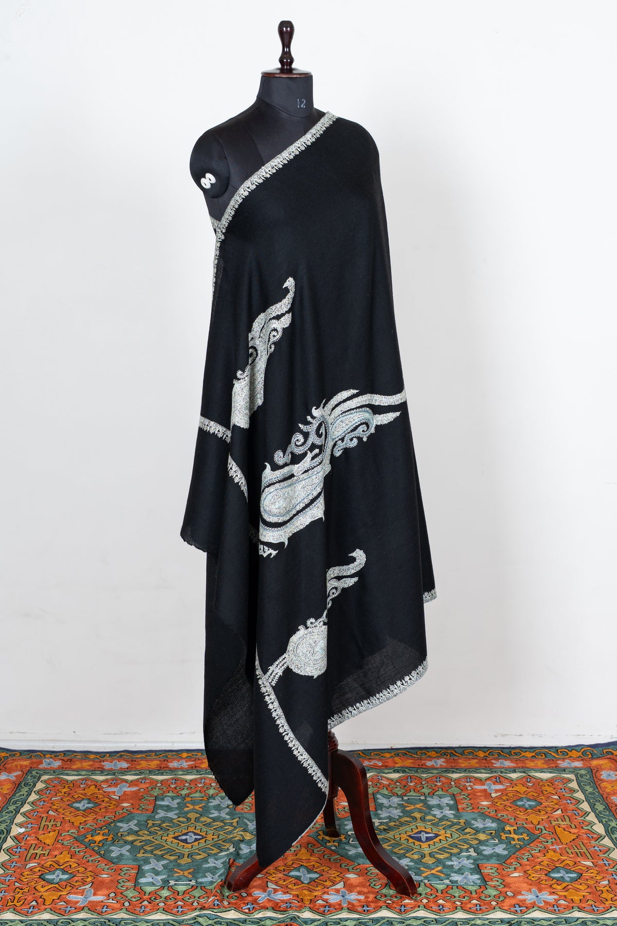Midnight Silver Merino Wool Shawl with Sozni Hand Embroidered Ornamental Paisleys