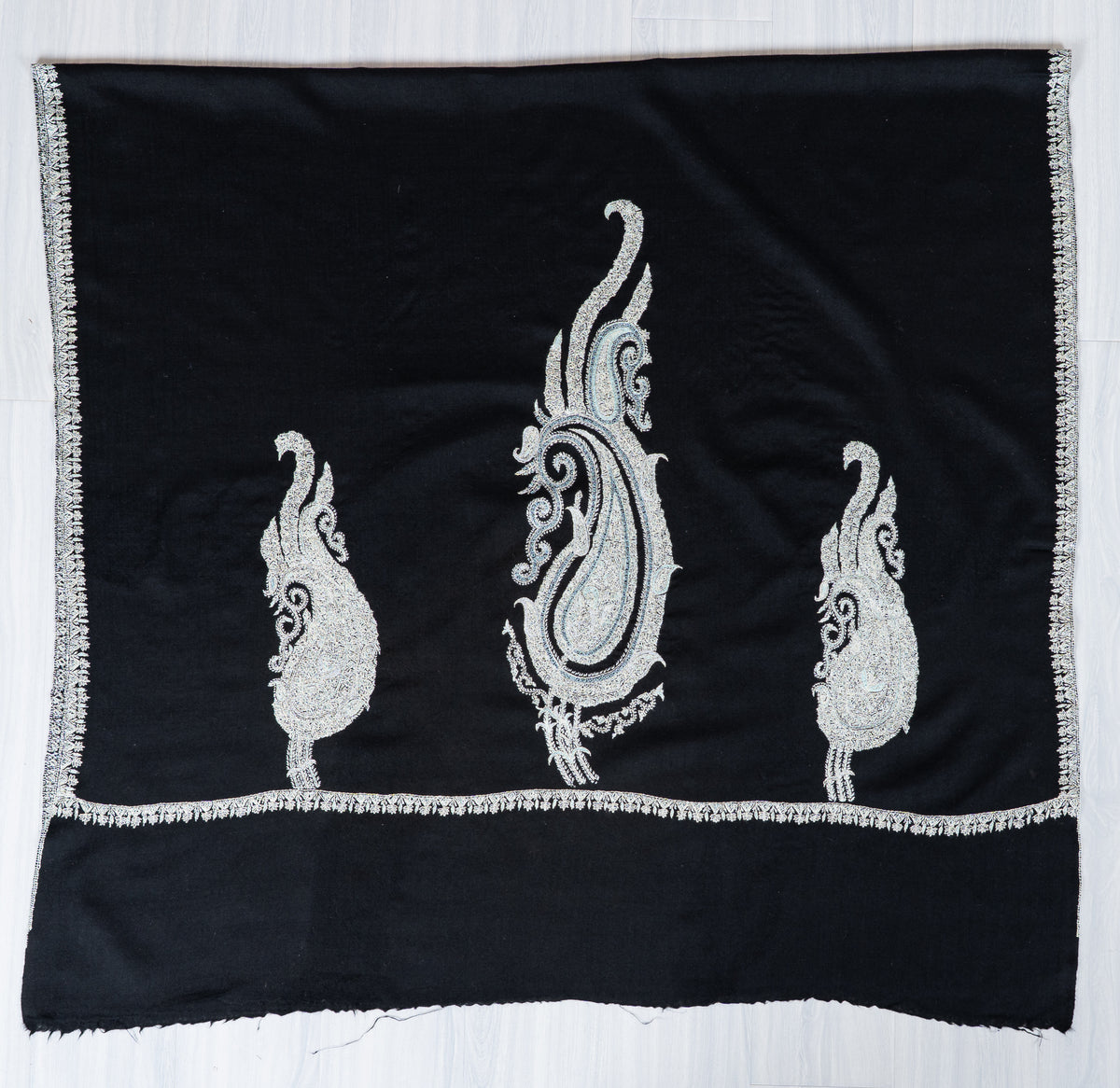 Midnight Silver Merino Wool Shawl with Sozni Hand Embroidered Ornamental Paisleys