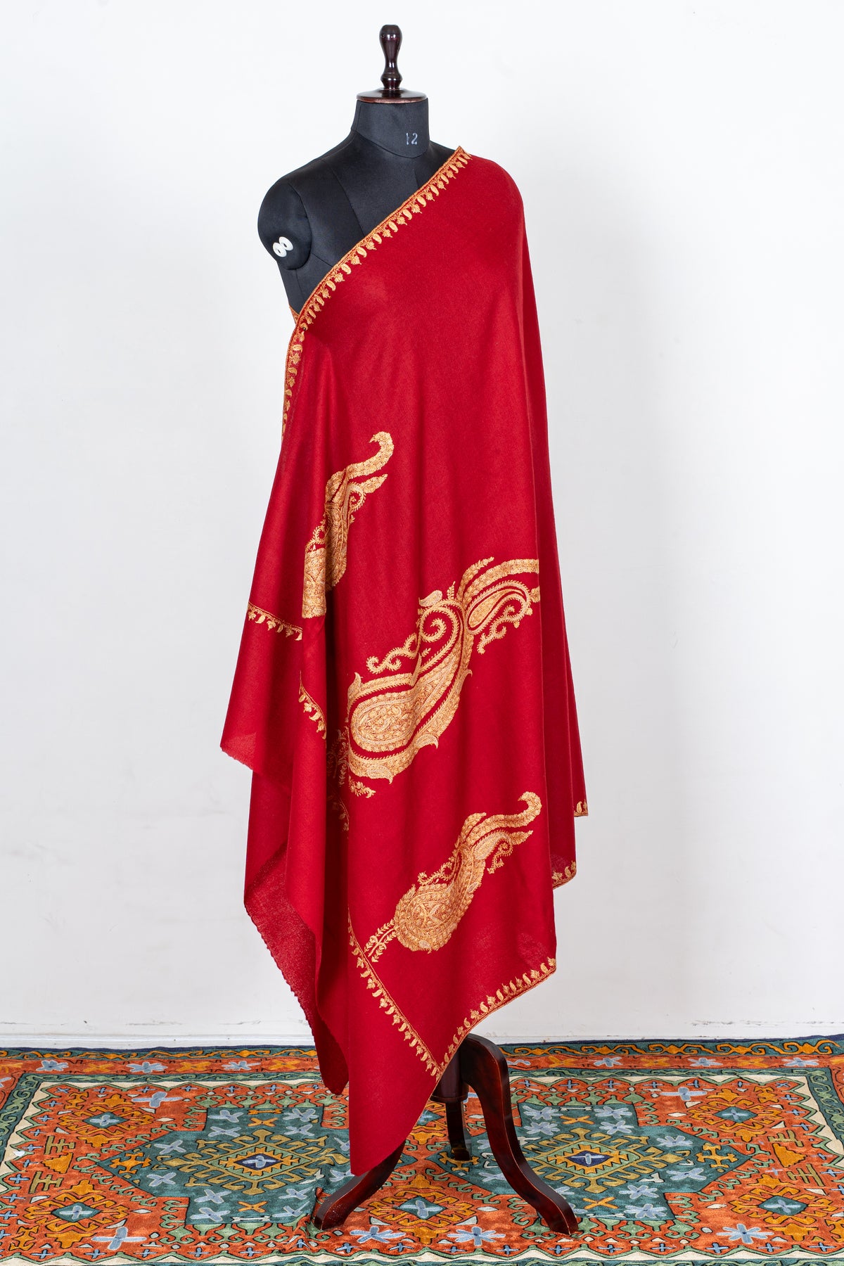 Royal Crimson Fine Merino Wool Shawl with Golden Sozni Hand Embroidered Paisleys