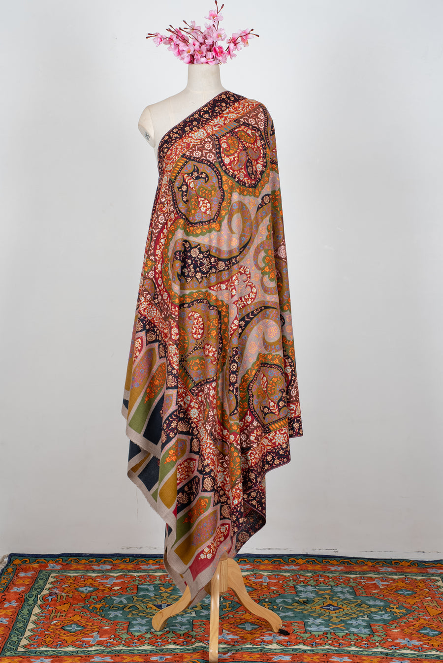 2.5 Yards Kalamkari Pure Pashmina Hand Embroidered Shawl: Saffron Mosaic Reverie