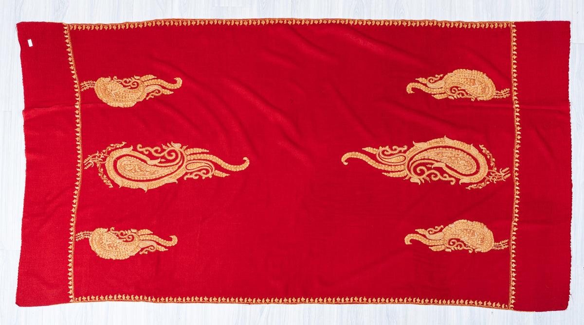 Royal Crimson Fine Merino Wool Shawl with Golden Sozni Hand Embroidered Paisleys
