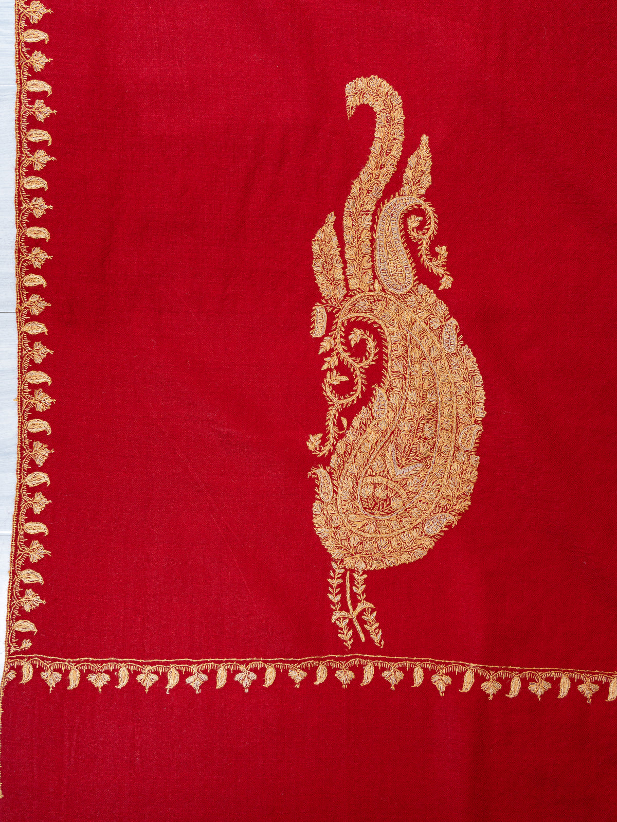 Royal Crimson Fine Merino Wool Shawl with Golden Sozni Hand Embroidered Paisleys