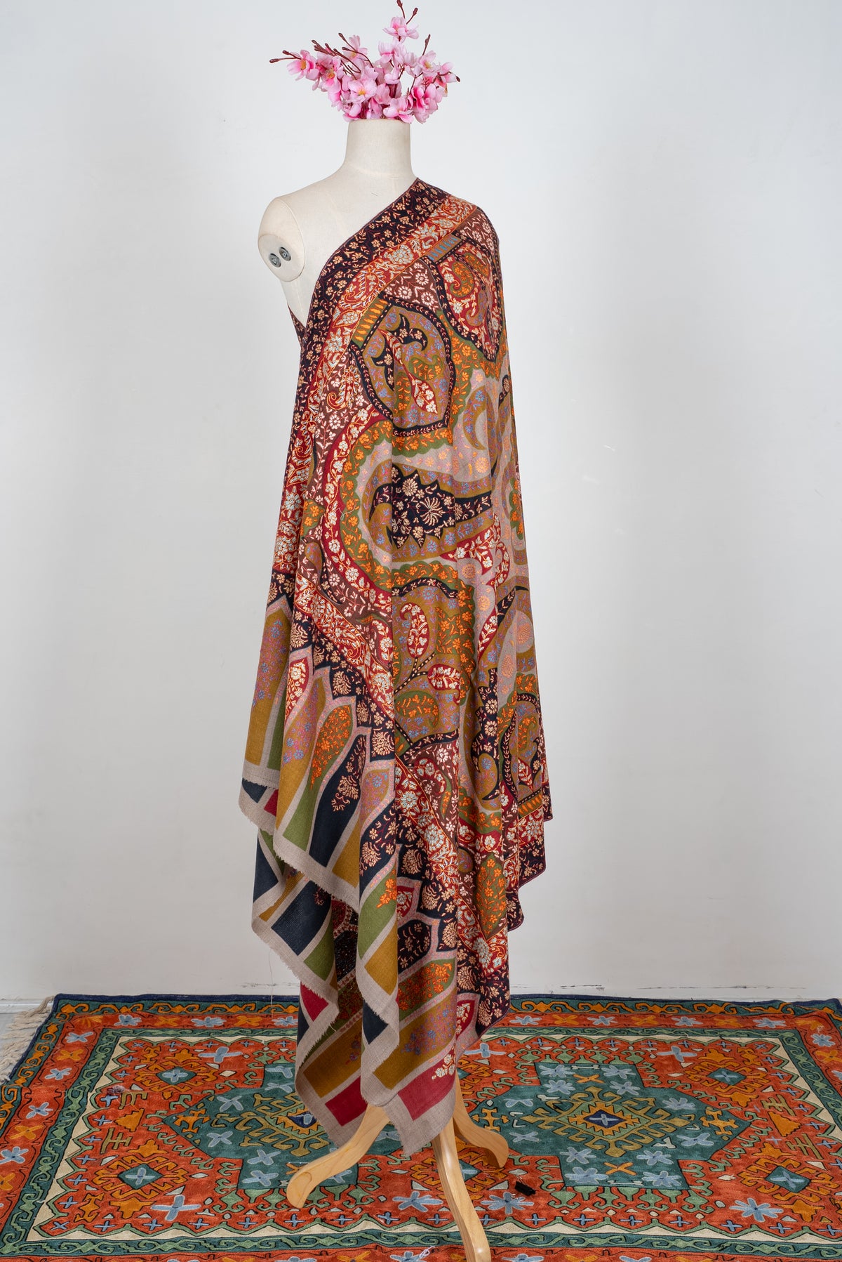 2.5 Yards Kalamkari Pure Pashmina Hand Embroidered Shawl: Saffron Mosaic Reverie