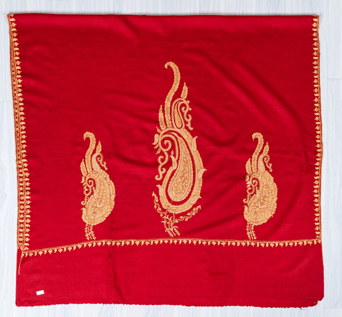 Royal Crimson Fine Merino Wool Shawl with Golden Sozni Hand Embroidered Paisleys