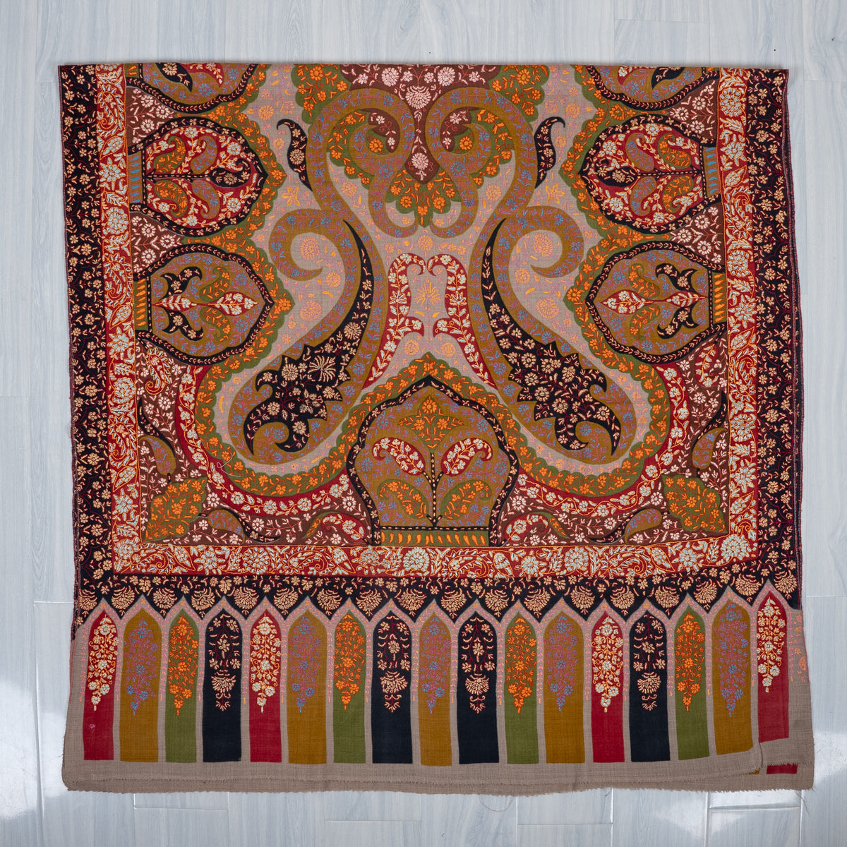2.5 Yards Kalamkari Pure Pashmina Hand Embroidered Shawl: Saffron Mosaic Reverie