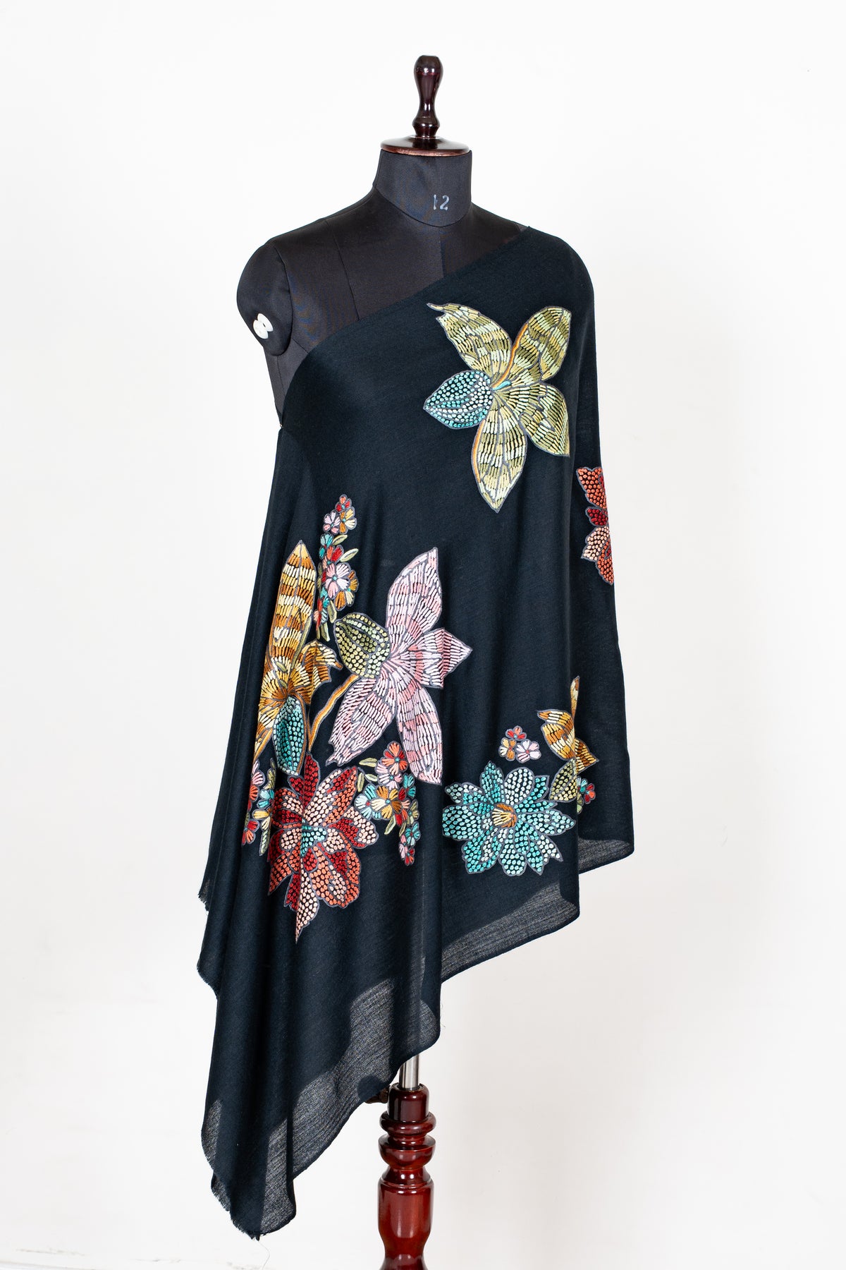 Midnight Garden Fine Merino Wool Shawl with Vibrant Aari Hand Embroidered Flowers