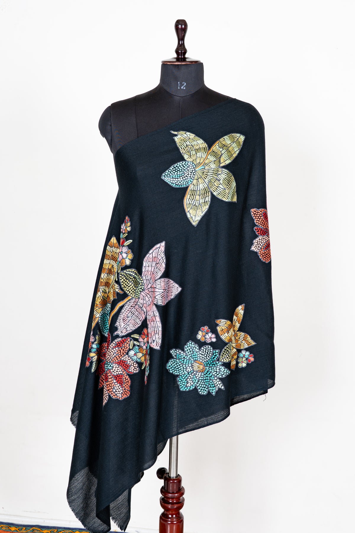 Midnight Garden Fine Merino Wool Shawl with Vibrant Aari Hand Embroidered Flowers