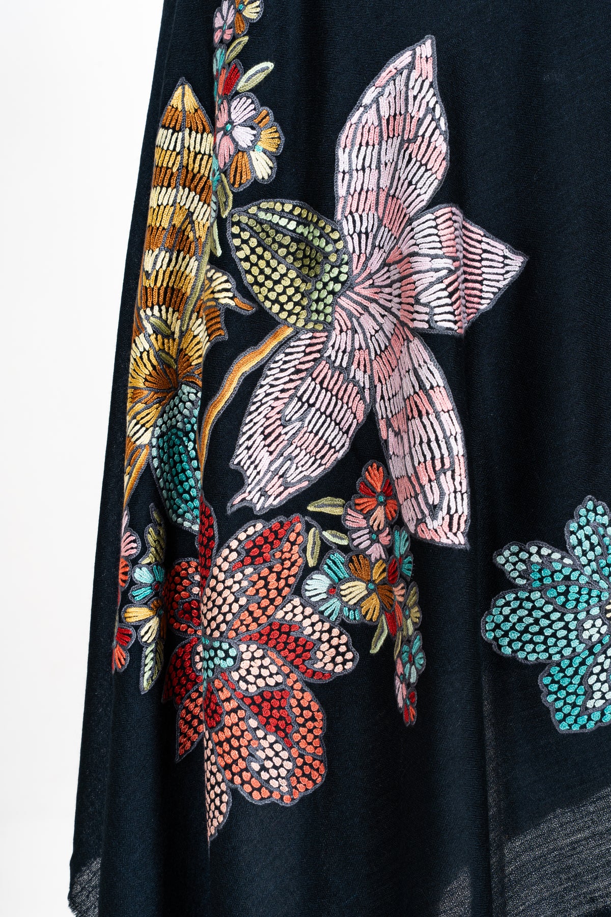 Midnight Garden Fine Merino Wool Shawl with Vibrant Aari Hand Embroidered Flowers