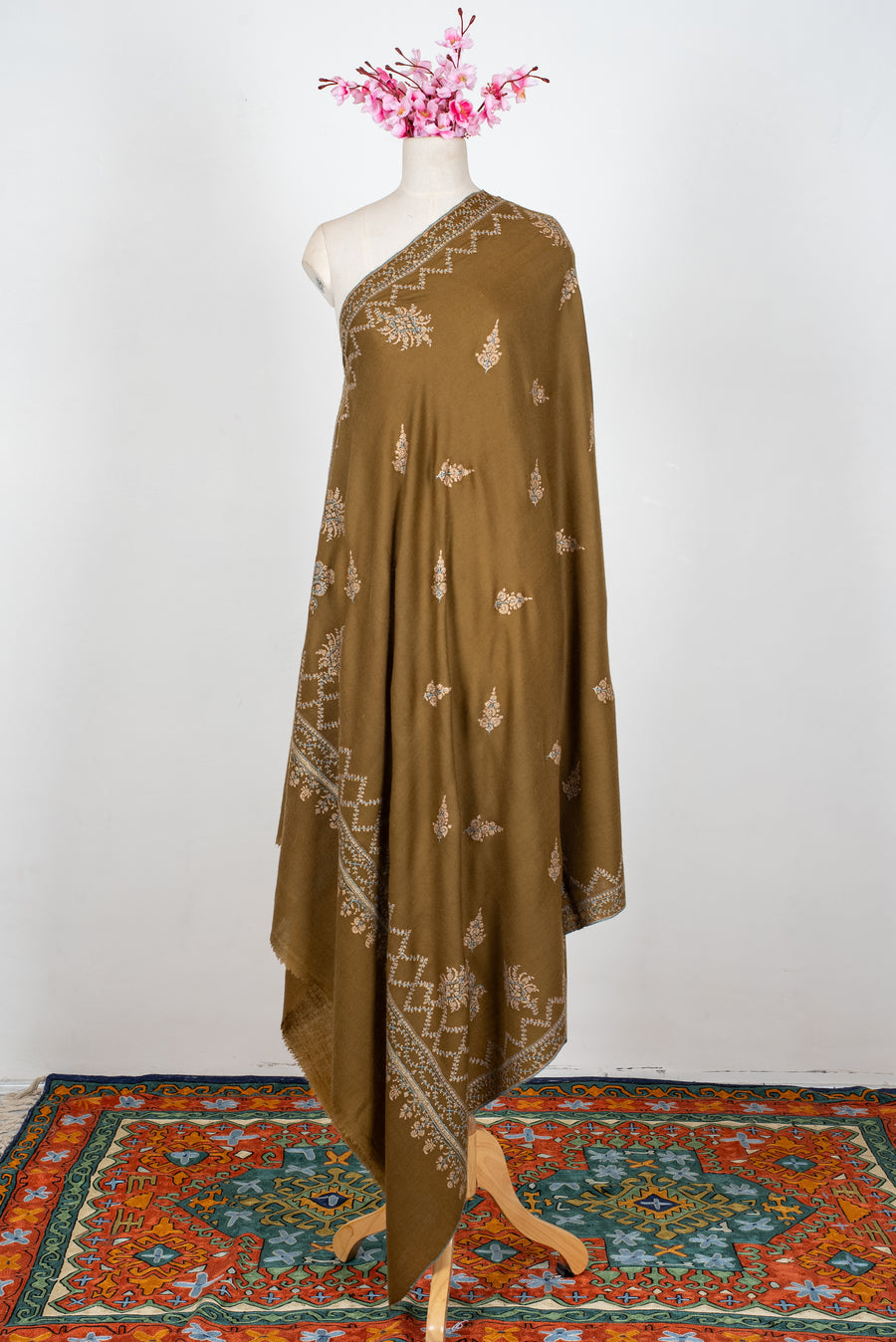 Pure Pashmina Hand Embroidered Shawl: Olive Whisper Heritage