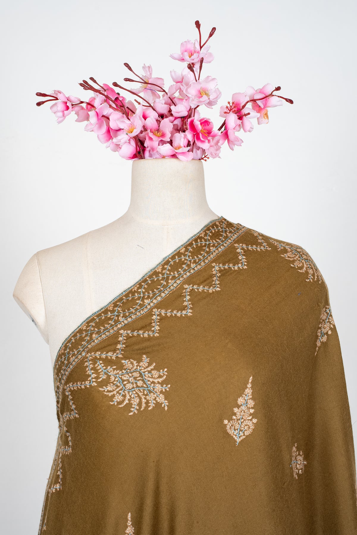 Pure Pashmina Hand Embroidered Shawl: Olive Whisper Heritage