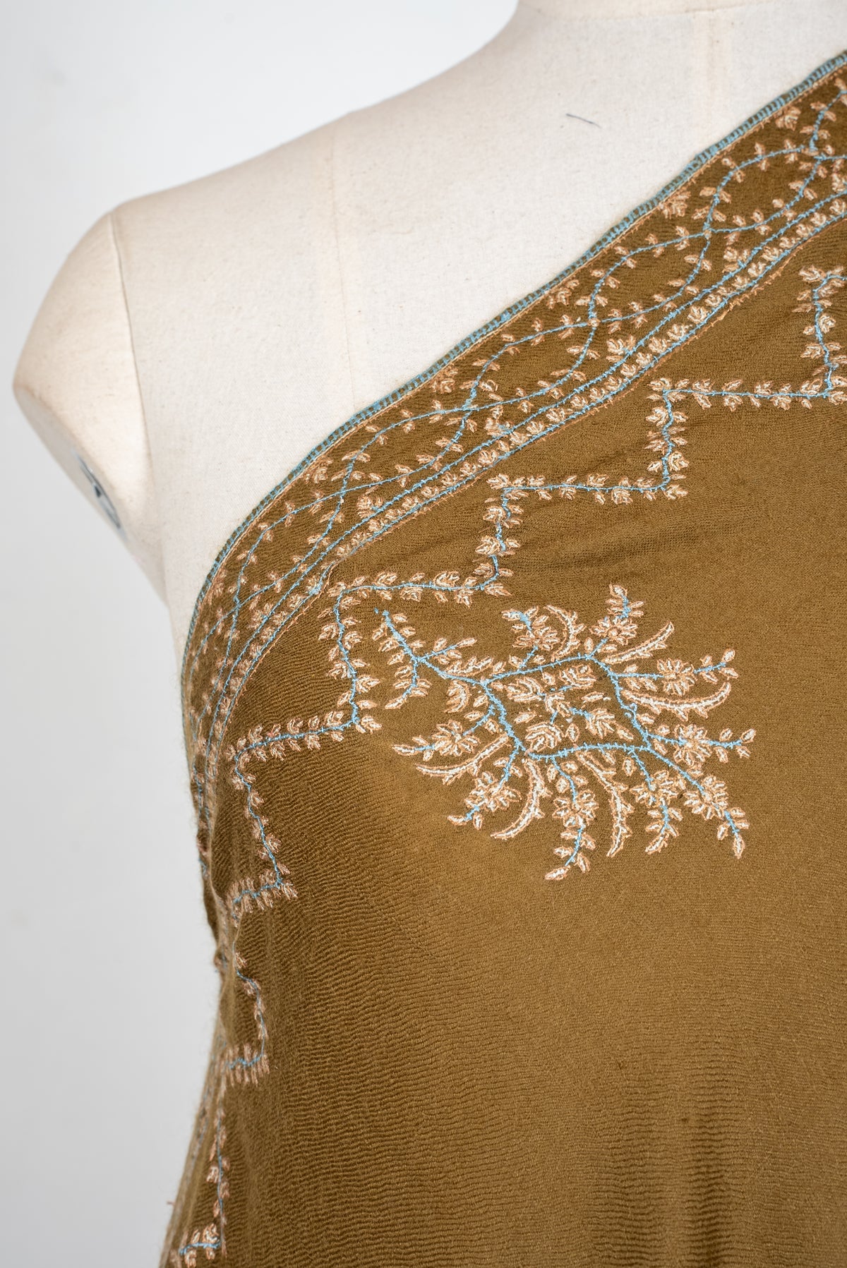 Pure Pashmina Hand Embroidered Shawl: Olive Whisper Heritage