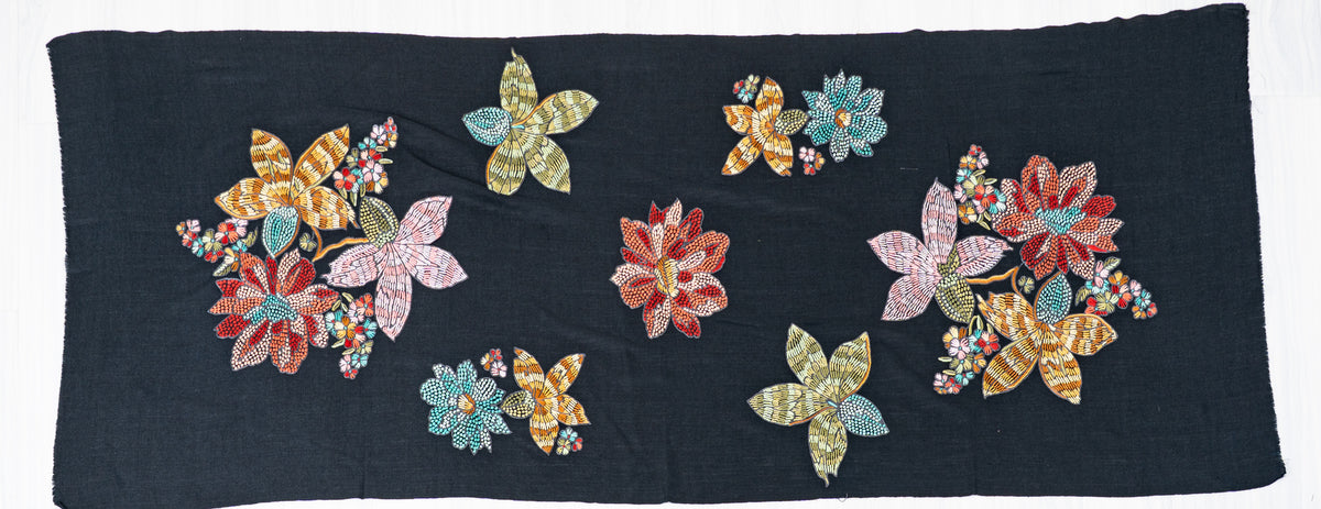 Midnight Garden Fine Merino Wool Shawl with Vibrant Aari Hand Embroidered Flowers