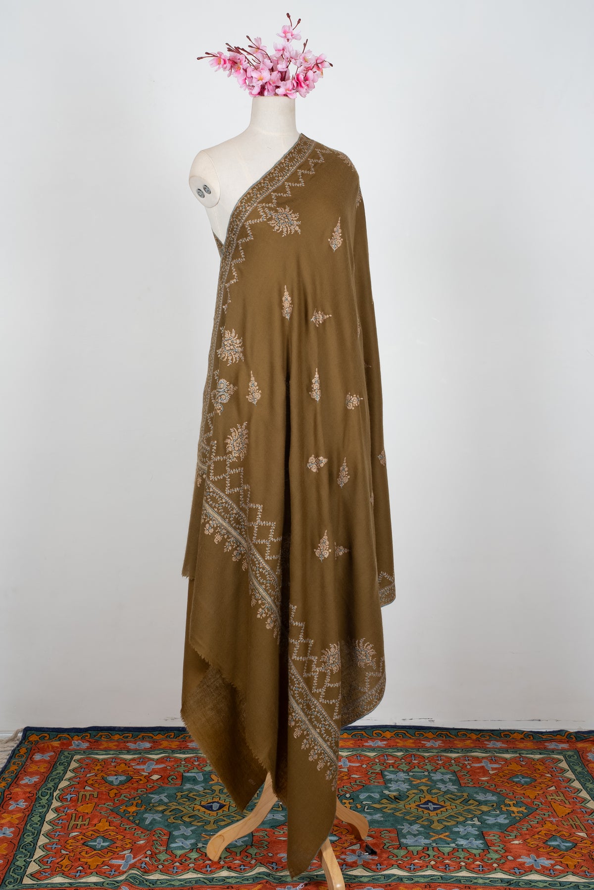 Pure Pashmina Hand Embroidered Shawl: Olive Whisper Heritage