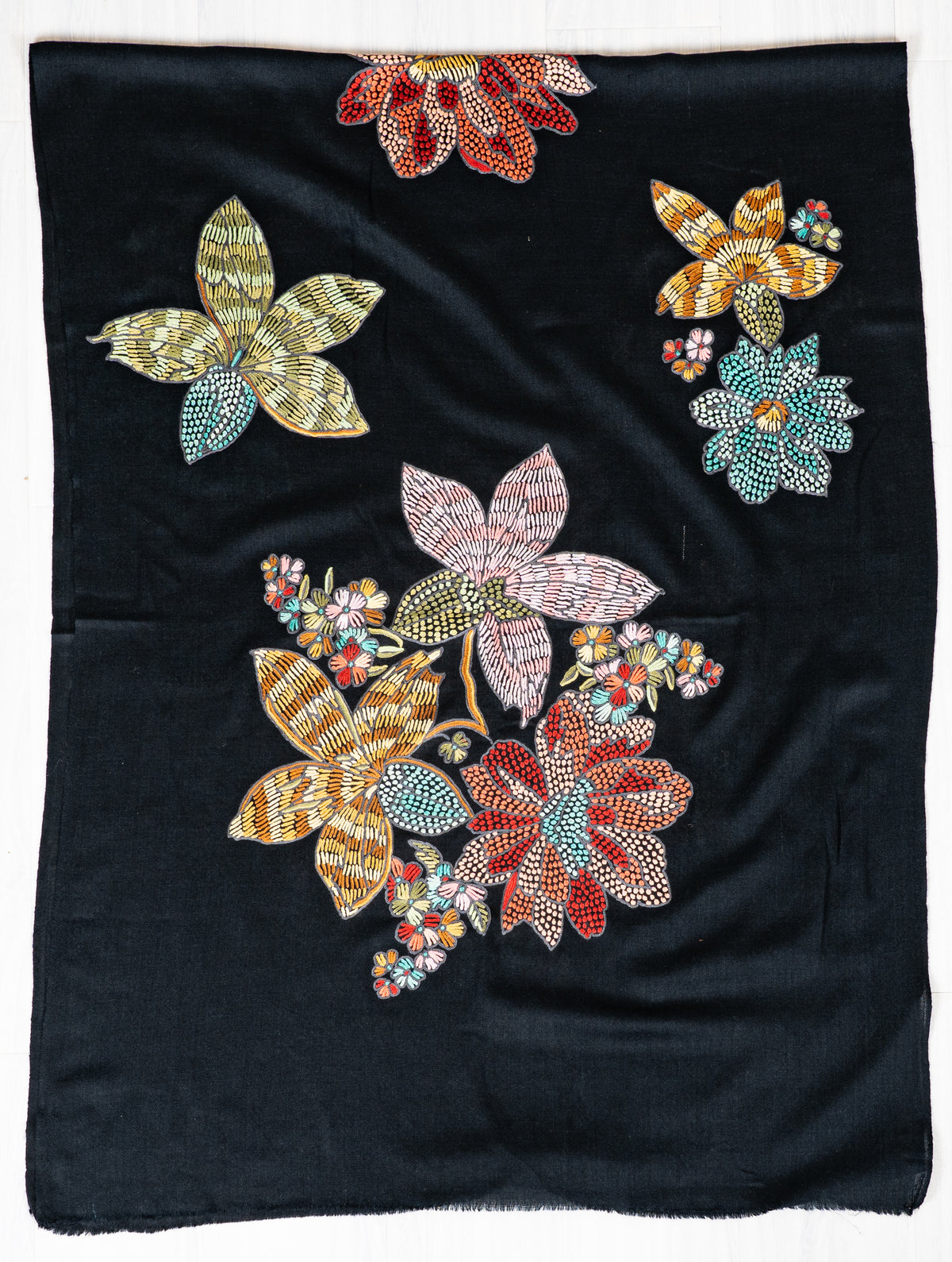 Midnight Garden Fine Merino Wool Shawl with Vibrant Aari Hand Embroidered Flowers