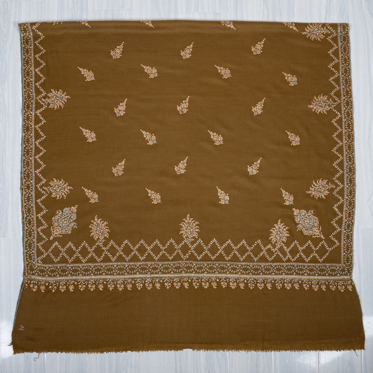 Pure Pashmina Hand Embroidered Shawl: Olive Whisper Heritage