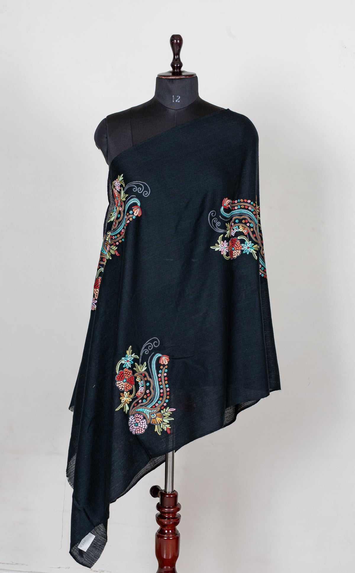Midnight Whispers Fine Merino Wool Scarf with Colorful Aari Hand Embroidered Paisleys