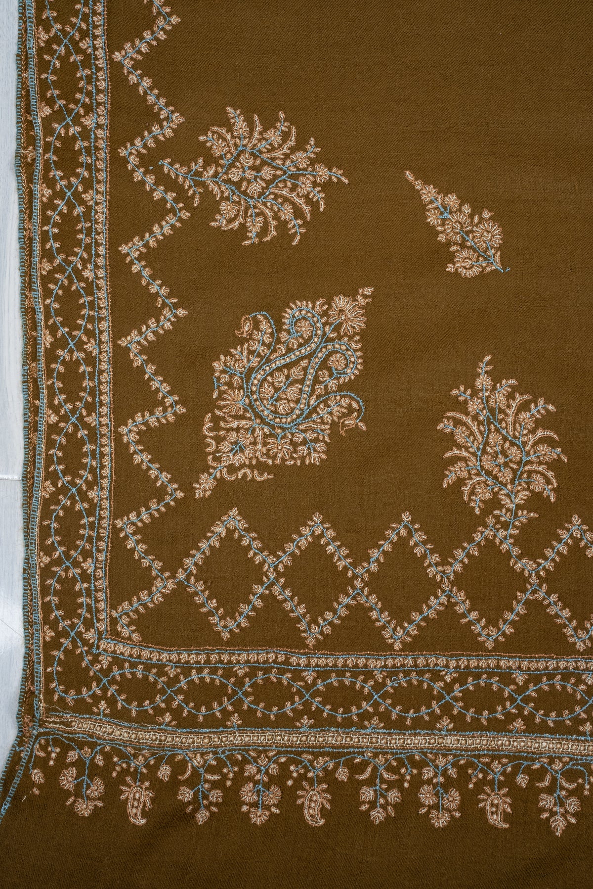 Pure Pashmina Hand Embroidered Shawl: Olive Whisper Heritage
