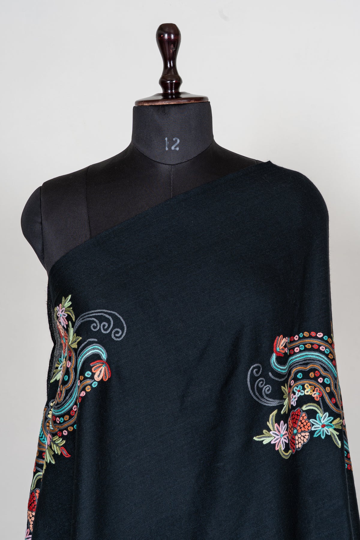 Midnight Whispers Fine Merino Wool Scarf with Colorful Aari Hand Embroidered Paisleys