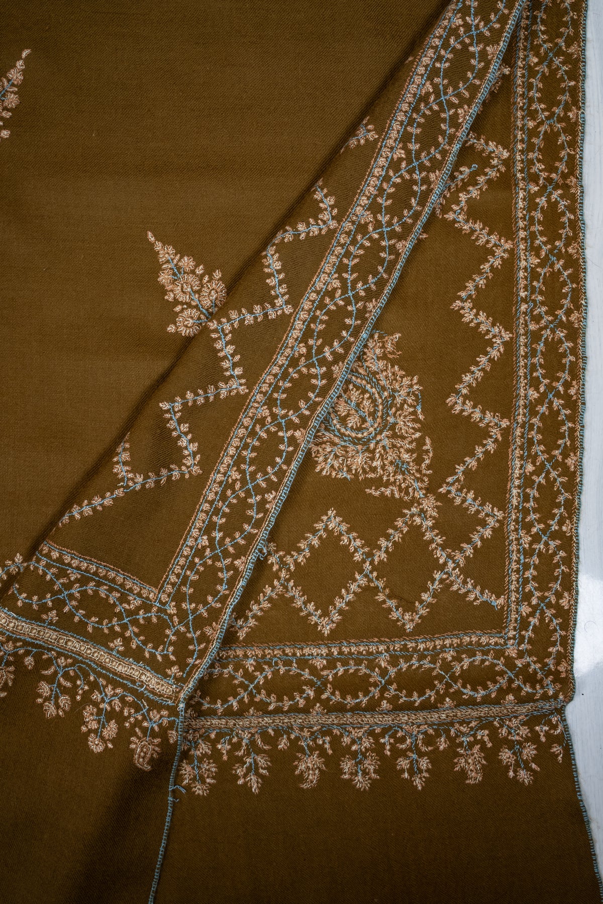 Pure Pashmina Hand Embroidered Shawl: Olive Whisper Heritage