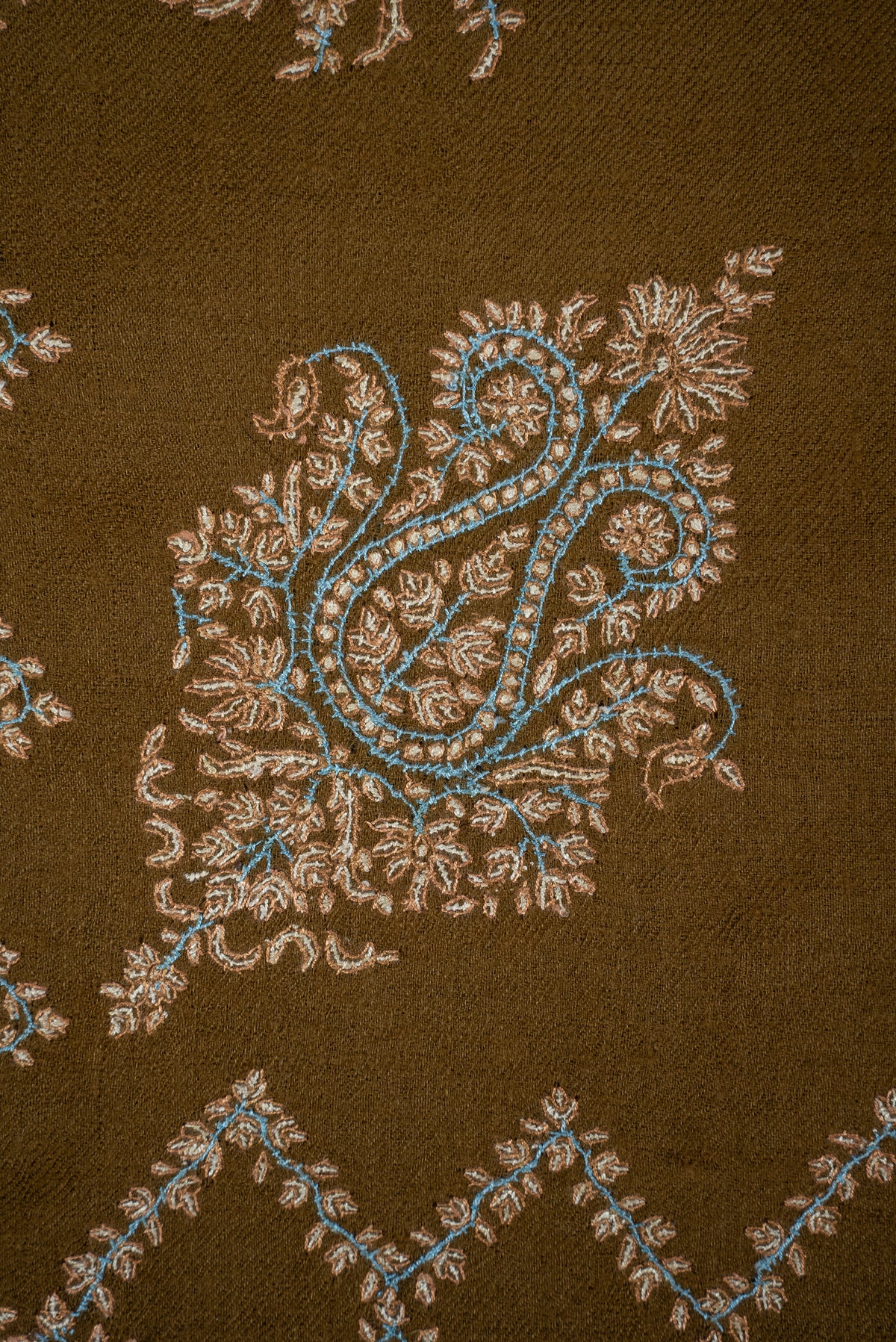 Pure Pashmina Hand Embroidered Shawl: Olive Whisper Heritage