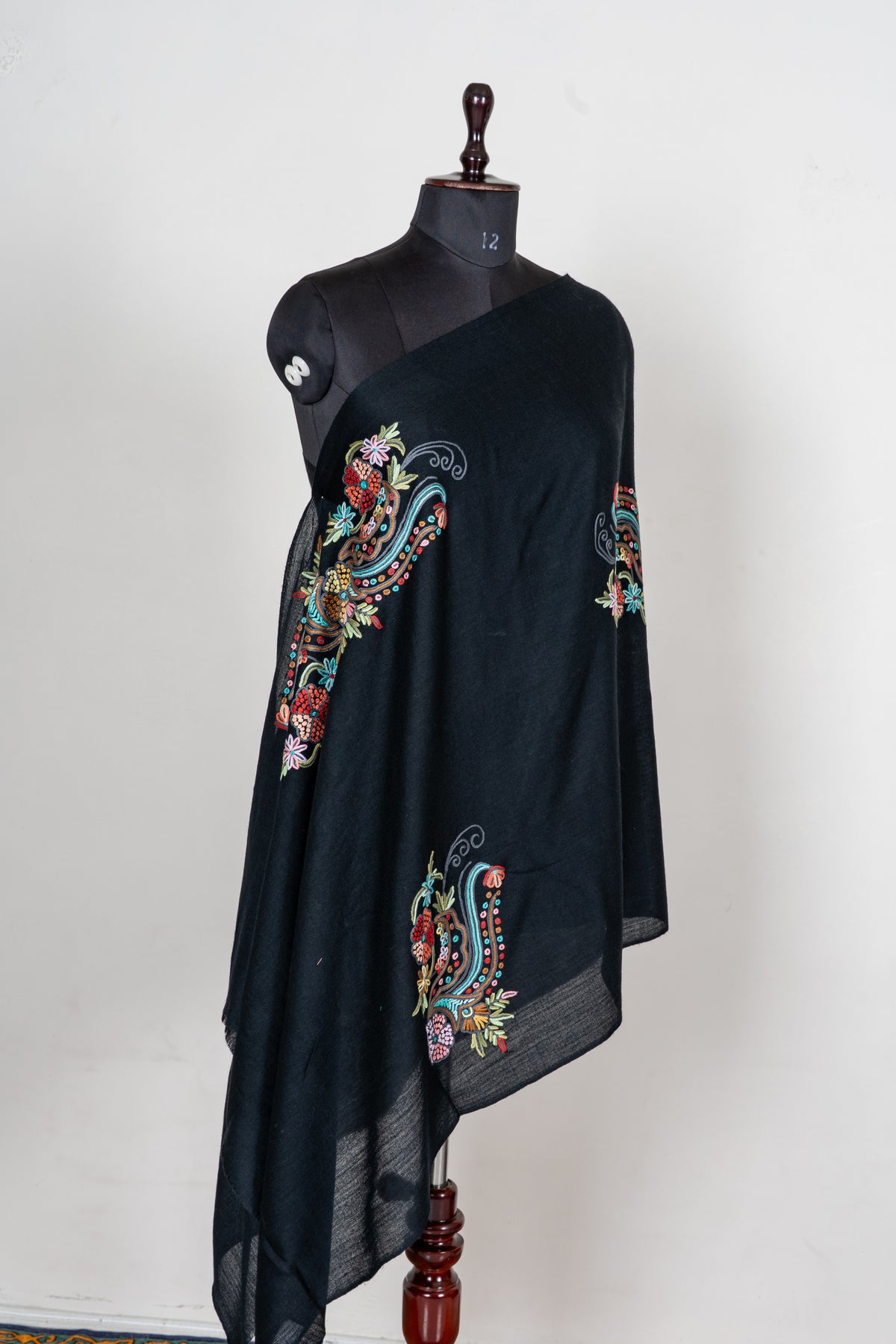 Midnight Whispers Fine Merino Wool Scarf with Colorful Aari Hand Embroidered Paisleys
